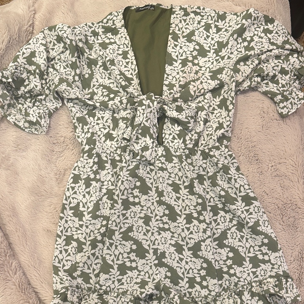 Floral Green and White Romper